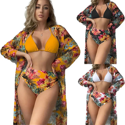Tropical Floral Print 3-Piece High Waist Bikini and Kimono Set Aesthetic