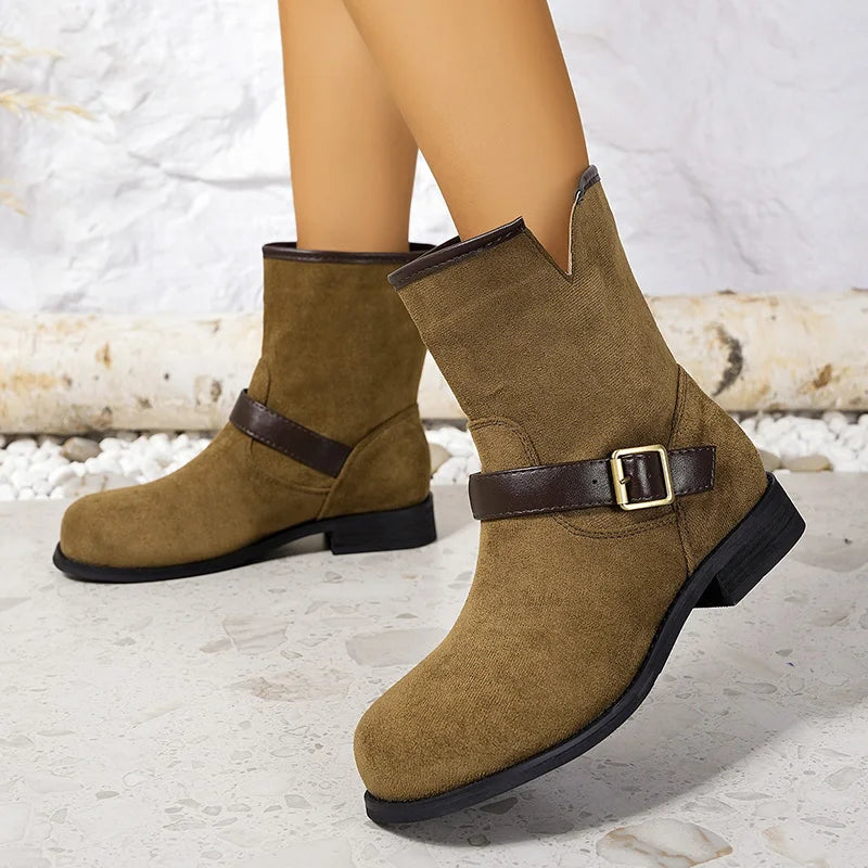 Designer British Style Square Low Heel Faux Suede Boots For Women