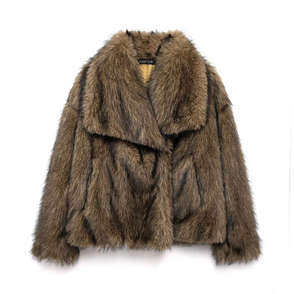 Elegant Womens Faux Fur Jacket Turn Down Collar Loose Fit Casual Long Sleeve Winter Coat For Warmth