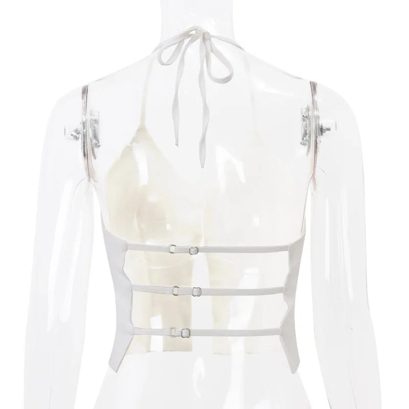 Simple Style Halter Neck Crop Top Close Fitting Solid Color Vest For Women