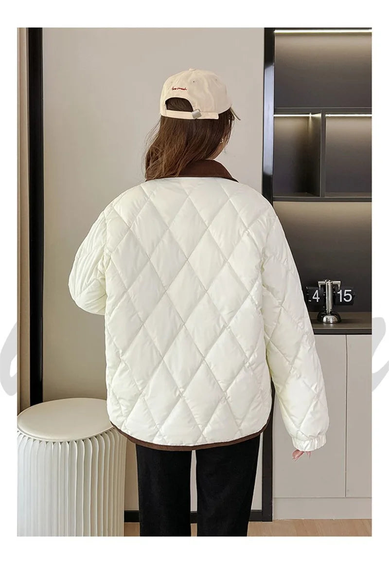 Quilted PU Leather Short Coat – Warm Rhombic Lattice Winter Jacket for Women