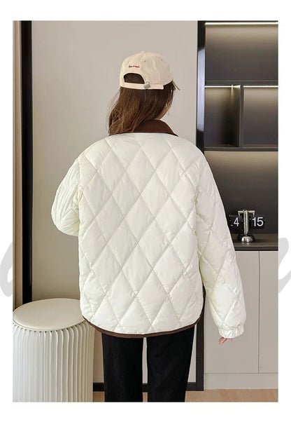 Quilted PU Leather Short Coat – Warm Rhombic Lattice Winter Jacket for Women