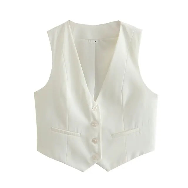 V-Neck Sleeveless Women Cropped Blazer Vest