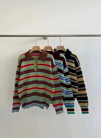 Vintage Cool Design Contrast Stripe Lace Up V Neck Sweater