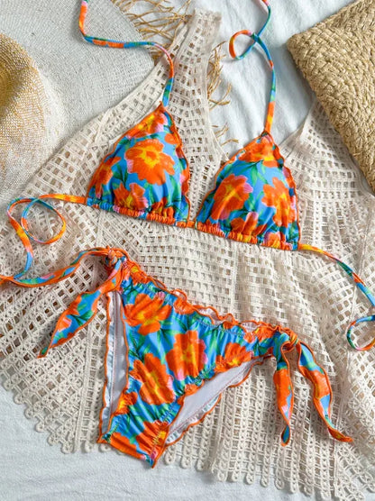 2025 Summer Pleated Bikini Set For Women Two Piece Triangle Swimsuit Halter Bathing Suit