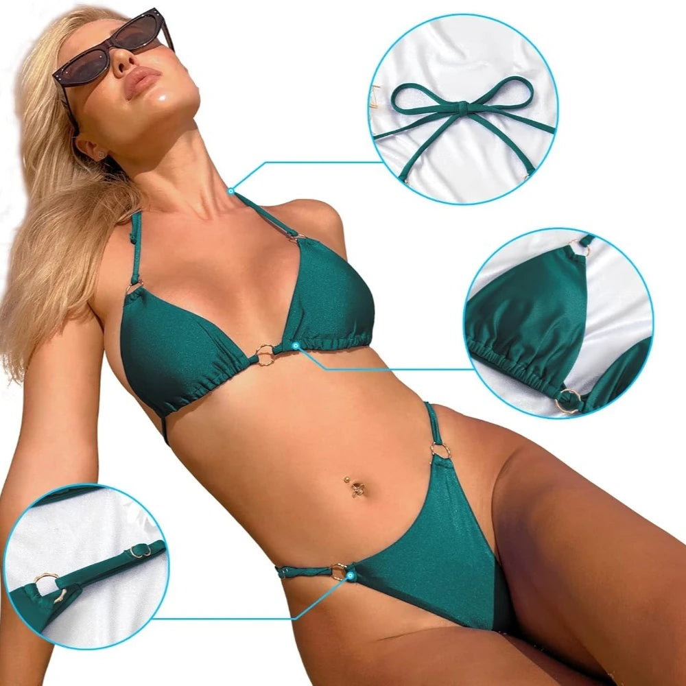 Emerald Green Shimmer Ring Detail Bikini Aesthetic