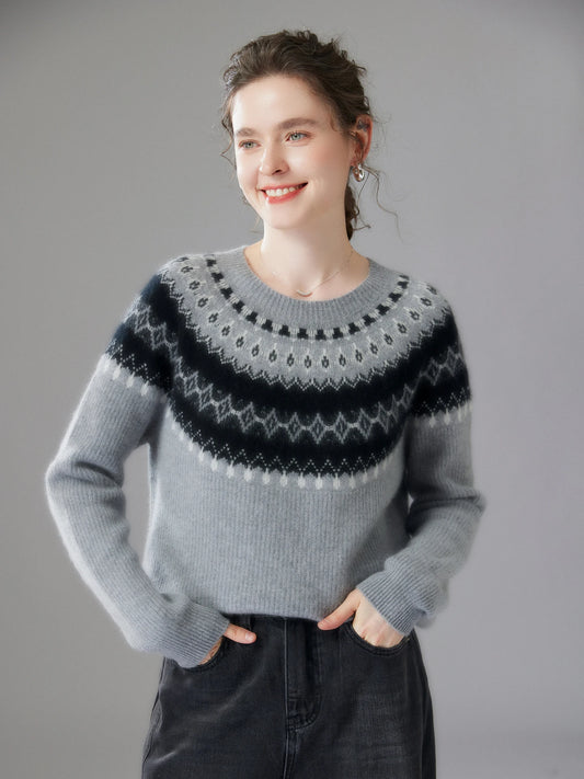 Winter Aesthetic: Grey Fair Isle Crewneck Knit Sweater