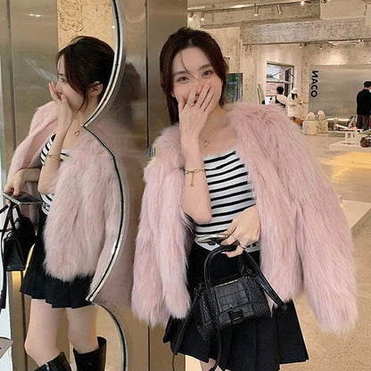 Elegant Women Collarless Thick Faux Fur Coats