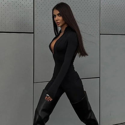 Sporty Fitness Jumpsuit: Zipper Closure Long Sleeve Skinny Workout Attire