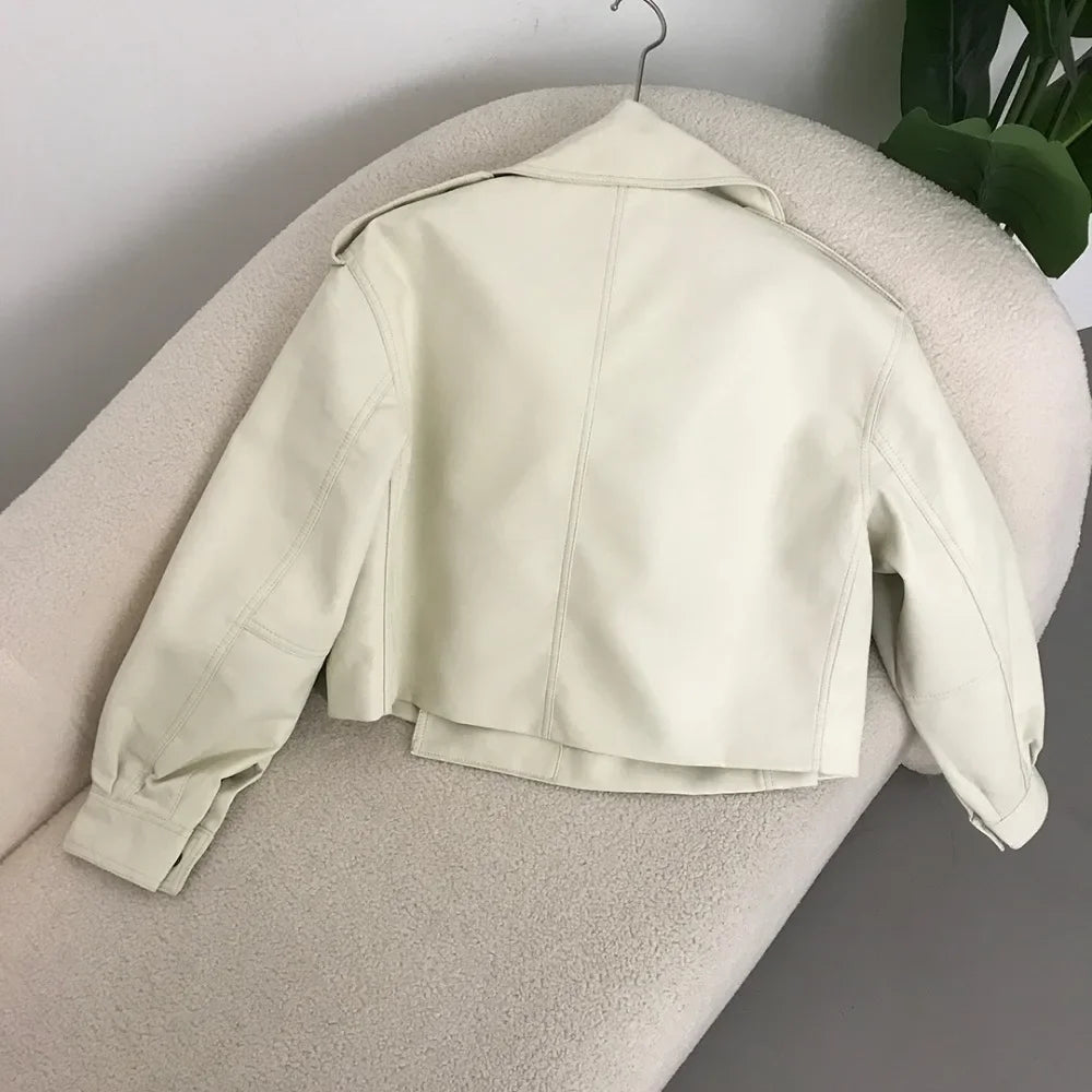 2025 New Womens Black Faux Leather Bomber Jacket Button Up Short Coat Turn Down Collar Moto Biker Style For Spring Autumn