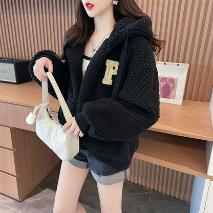 Embroidered Sheep Hooded Sweatshirt Autumn Winter Imitation Lamb Wool Plush Hoodie For Women