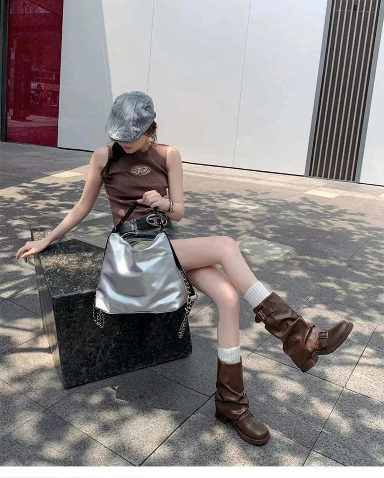 Pleated Buckle Pu Leather Mid Calf Women Boots