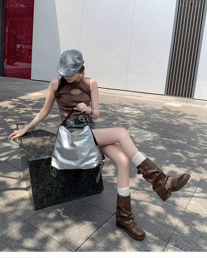 Pleated Buckle Pu Leather Mid Calf Women Boots