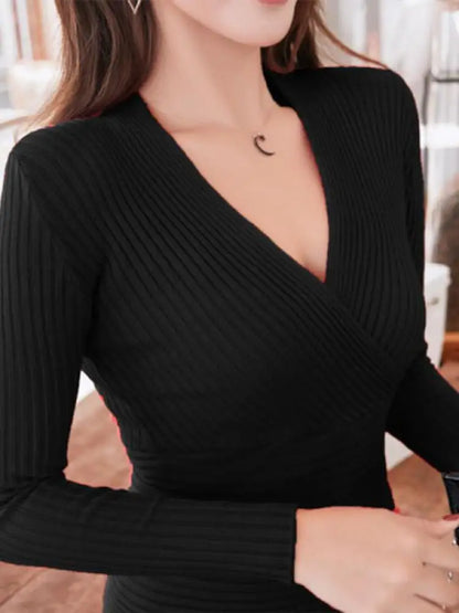 Korean Women S Sexy Deep V Neck Short Sweater Slim Pullover Elastic Cotton Bottoming Top For Women