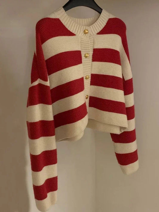 Womens Cherry Coded Striped Knit Cardigan Korean Fashion Long Sleeve Short Sweater Black White