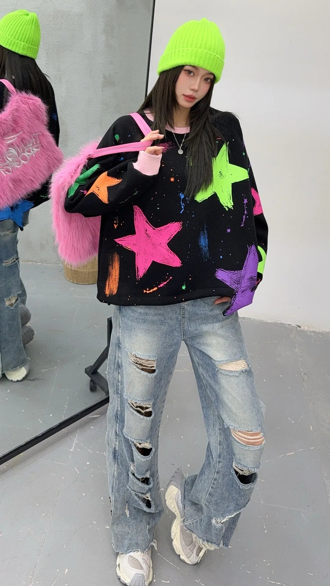 2025 Mens Fleece Sweater Long Sleeve Warm Loose Fit Pullover Multi Color Printed Korean Fashion