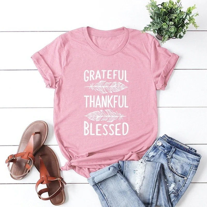 Grateful Thankful Blessed Feather Print T Shirt Womens Short Sleeve O Neck Loose Fit Casual Tee Inspirational Graphic Ladies Top