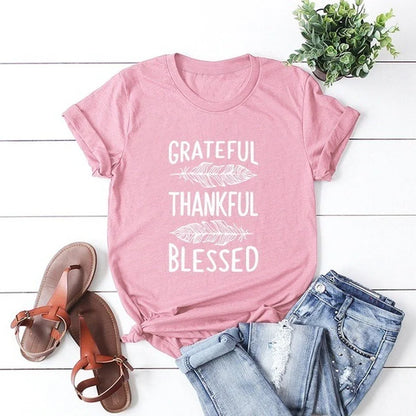 Grateful Thankful Blessed Feather Print T Shirt Womens Short Sleeve O Neck Loose Fit Casual Tee Inspirational Graphic Ladies Top