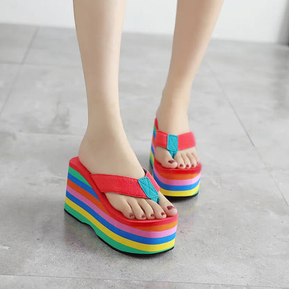 Women Rainbow Slippers High Heels Flip Flop Wedge Slippers Summer 10cm Heels Platform Slippers Flip Flops Womens Slides