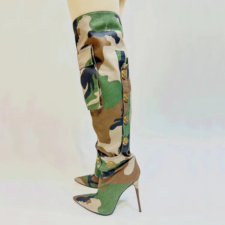 Designer Camouflage Themed Knee Length High Heel Boots