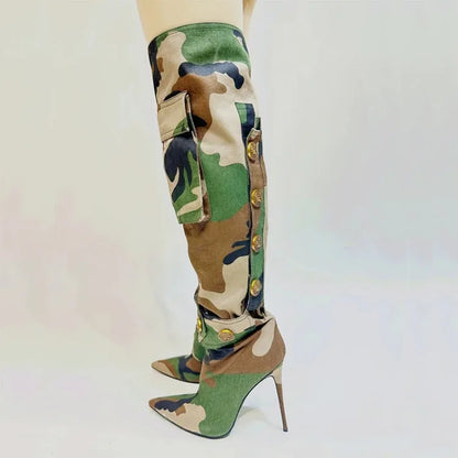 Designer Camouflage Themed Knee Length High Heel Boots