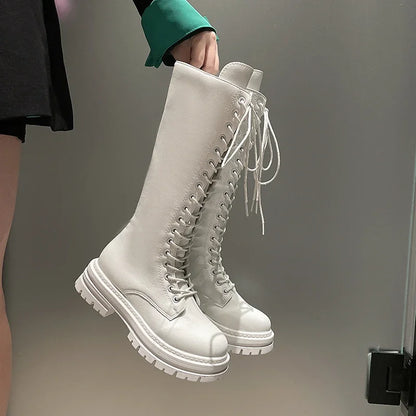 Women’s Knee-High Platform Boots 2025 – Korean Style PU Leather Fleeced Chunky Heel Winter Boots