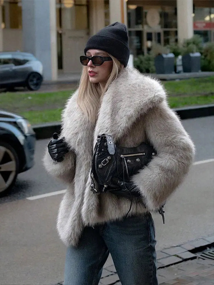 Elegant Womens Faux Fur Jacket Turn Down Collar Loose Fit Casual Long Sleeve Winter Coat For Warmth