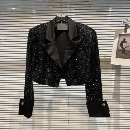 Elegant Sequined Shiny Black Blazer Jacket For Women