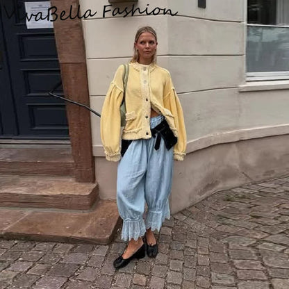 Women Elegant Lantern Sleeve Cardigans