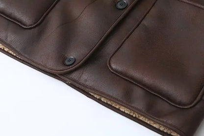 American Retro Style Leather Fur Inteated Windproof Warm Cotton Bomber Jackets Outerwear