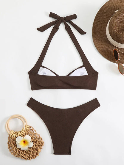 Chocolate Brown Ribbed Gold Ring Detail Halter Bikini Aesthetic