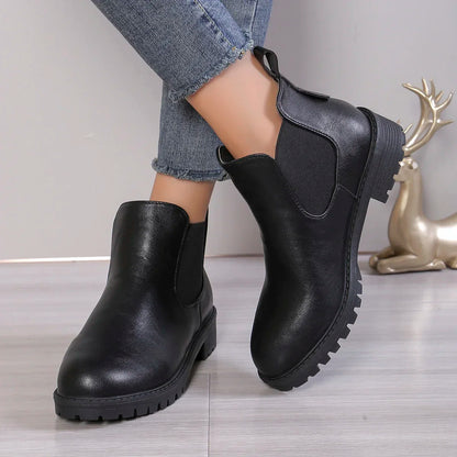 Women Cow Leather Round Toe Thick Sole Ankle Chelsea Boots
