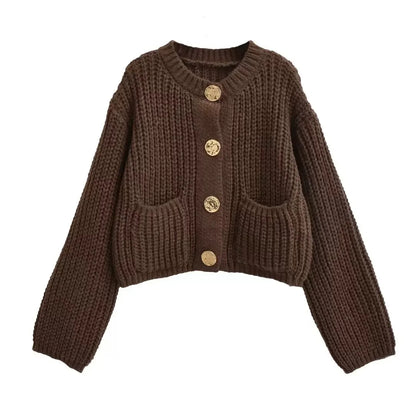 Casual Button Pocket Knitted Cardigan Autumn Winter Korean Fashion Women Tops Loose Knit Coat Sweater Outerwear Clothing