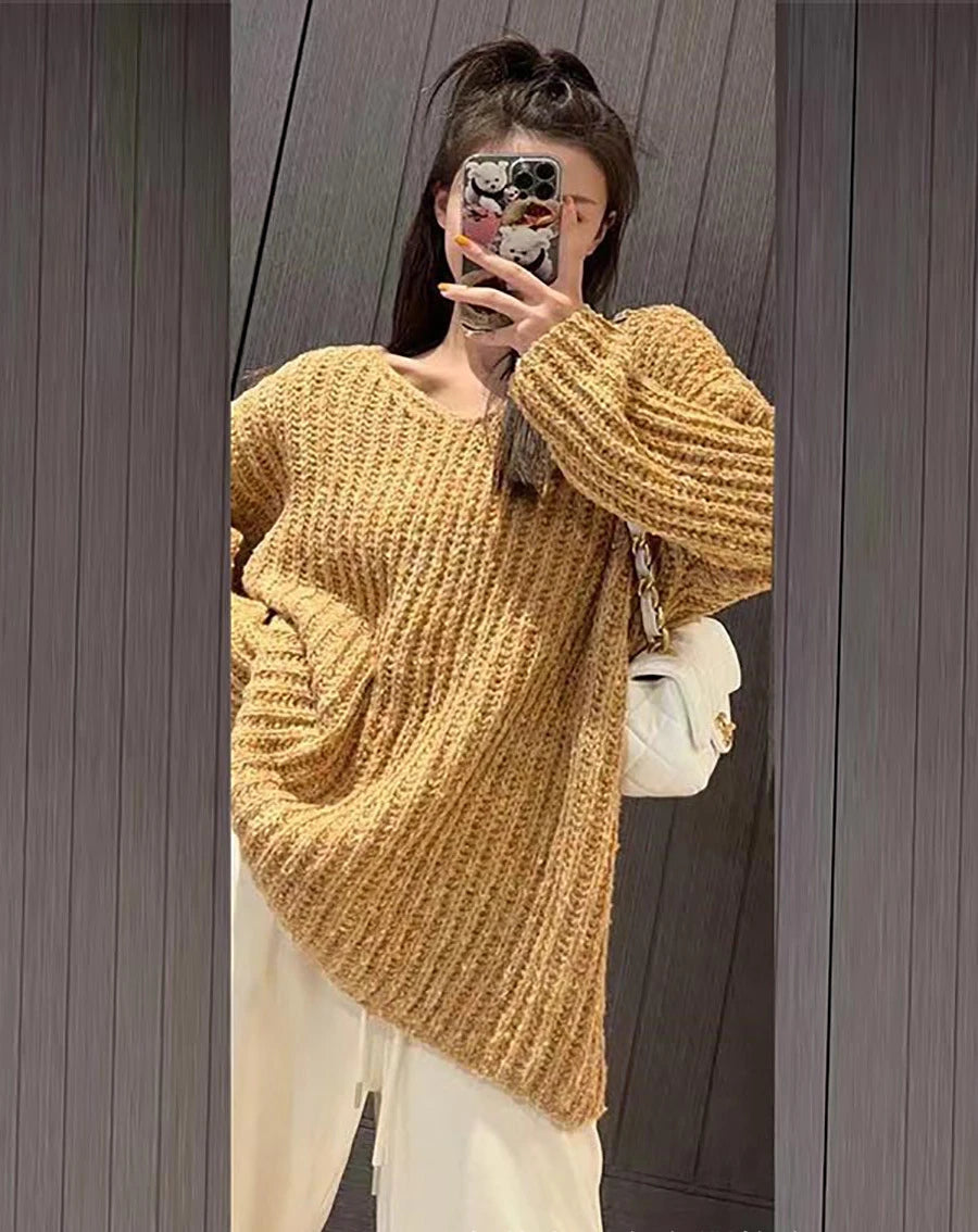 Women's Baggy V-Neck Sweater – Soft Knitted Harajuku Pullover, Casual Autumn Streetwear