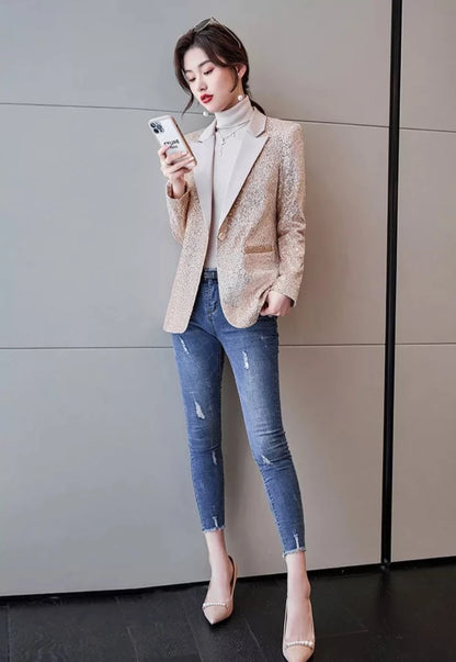 Sequined Shiny Long Sleeve Casual Office Style Blazer Coat For Women