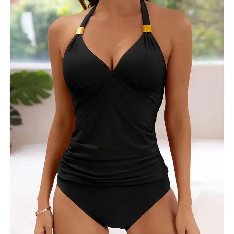 2025 Summer Plus Size Bikini Set Solid Halter Neck Drawstring Swimming Suit Tankini Bottoms For Women