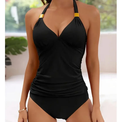 2025 Summer Plus Size Bikini Set Solid Halter Neck Drawstring Swimming Suit Tankini Bottoms For Women