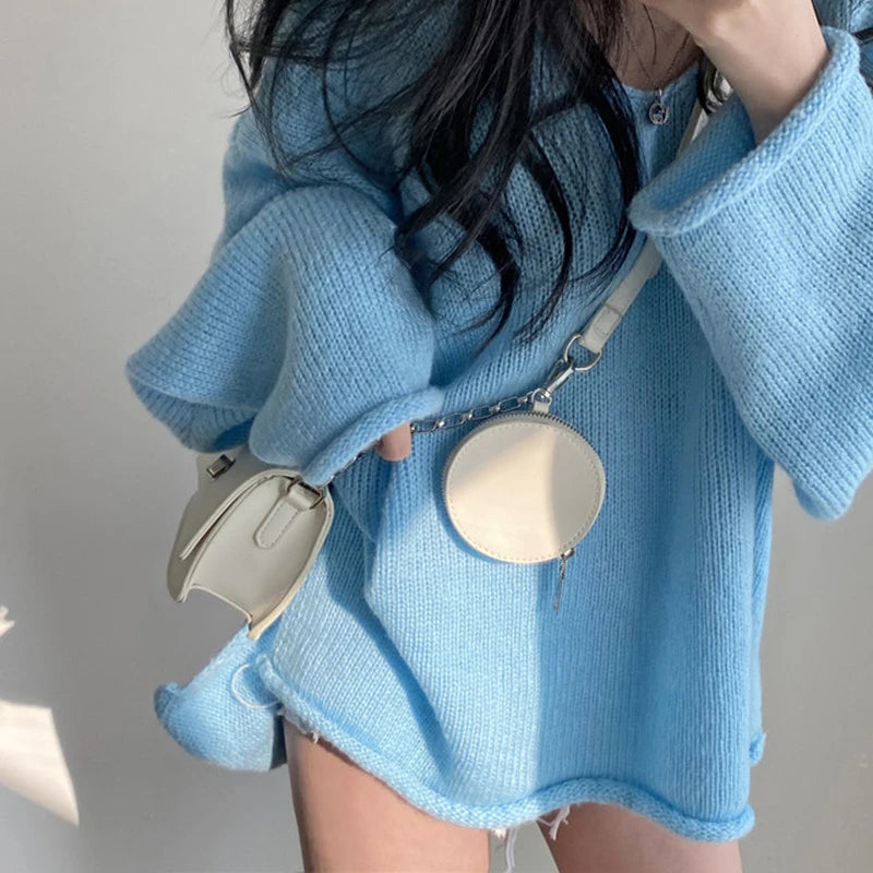 Casual Light Blue V-Neck Knit Sweater Outfit