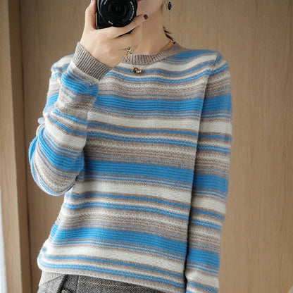 2024 Autumn Winter Womens Striped O Neck Sweater O Neck Long Sleeves Oversized Fit