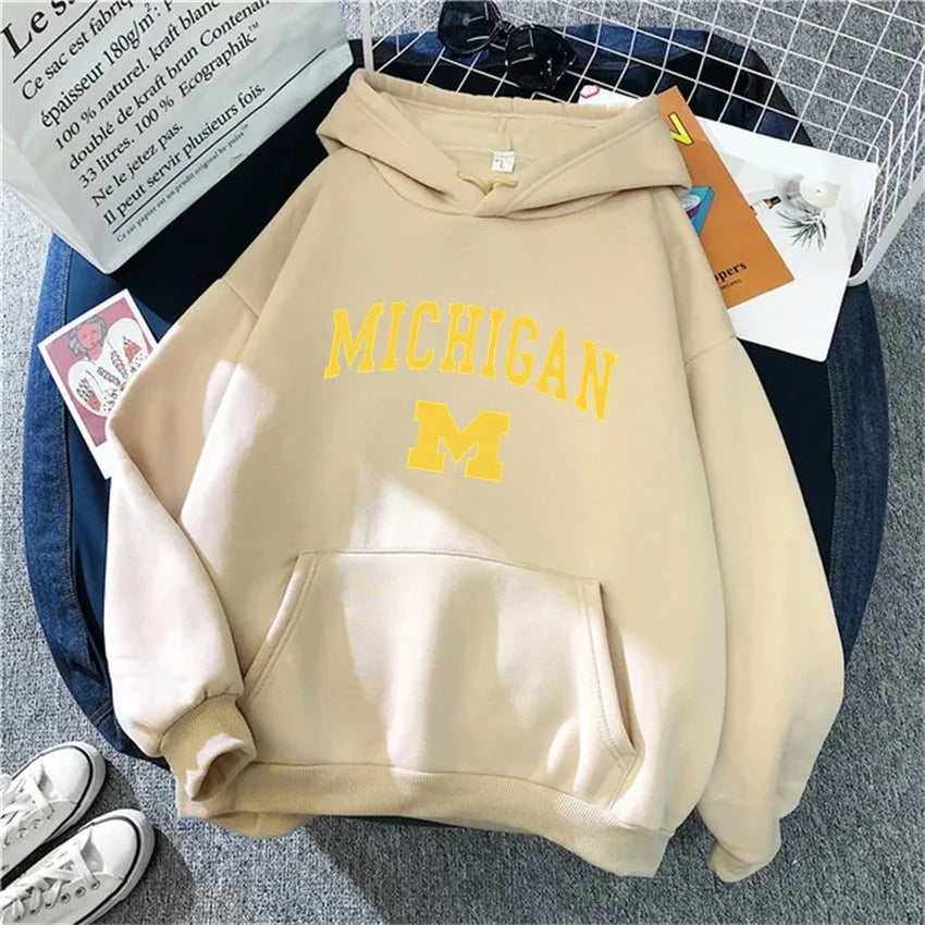 Michigan University Hoodie Hip Hop Fleece Streetwear Unisex Pullover