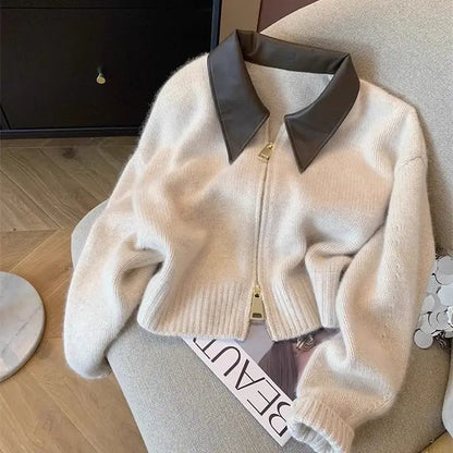 Spliced Leather Collar Knit Sweater Fashion Double Zipper Cardigan For Women Autumn Winter New Soft Vintage Long Sleeve Streetwear