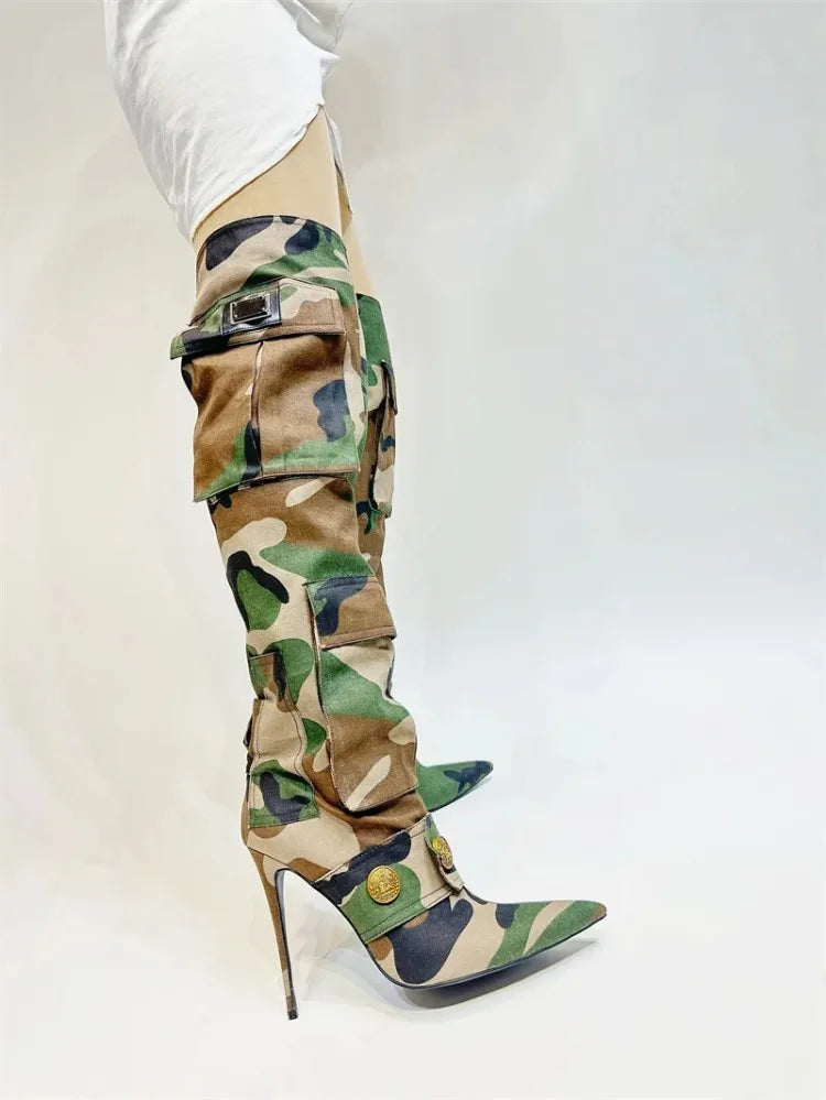Designer Camouflage Themed Knee Length High Heel Boots