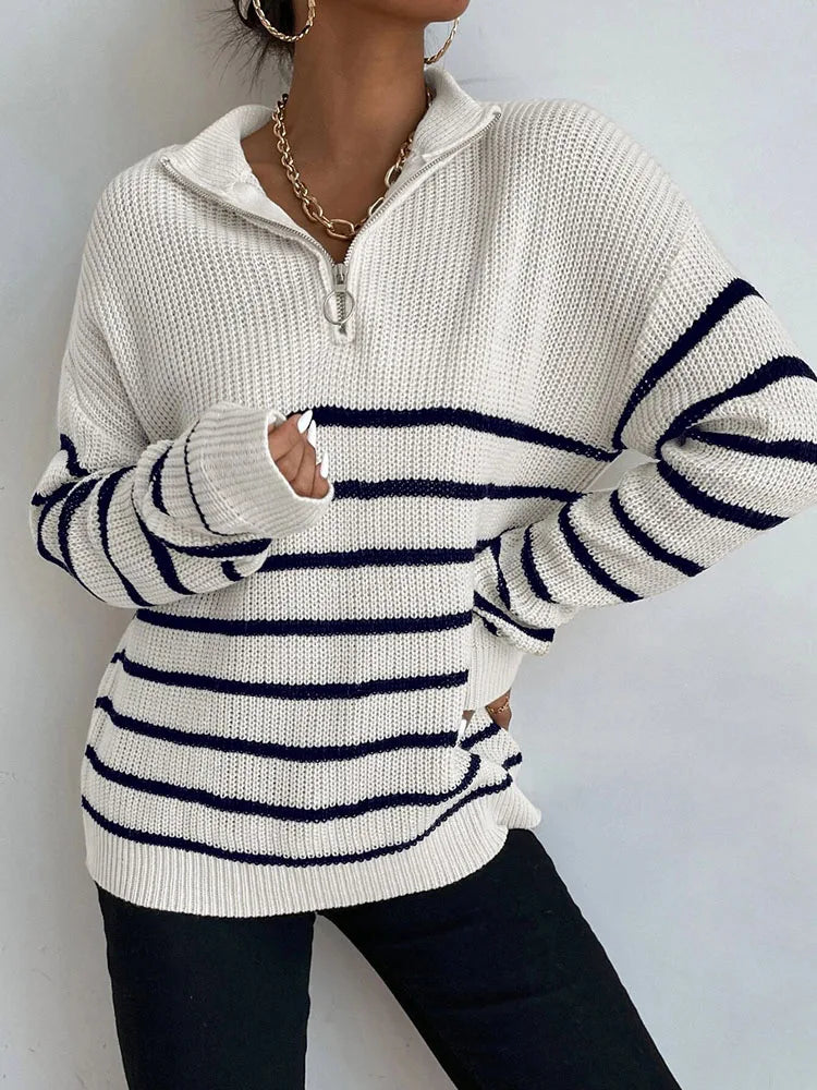 Womens Zipper V Neck Striped Pattern Autumn Winter Sweater