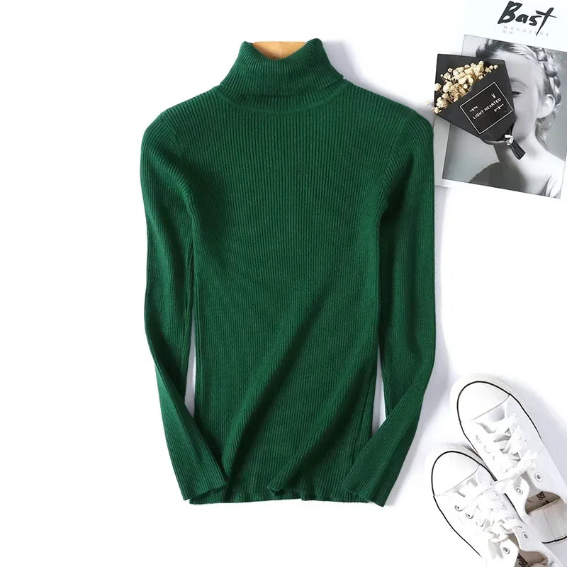 2025 Autumn Winter Women S Thick Ribbed Knitted Turtleneck Sweater Slim Fit Long Sleeve Pullover Soft Warm