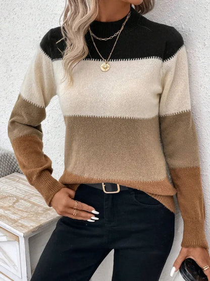 Cozy Chic: Neutral Colorblock Mock Neck Sweater