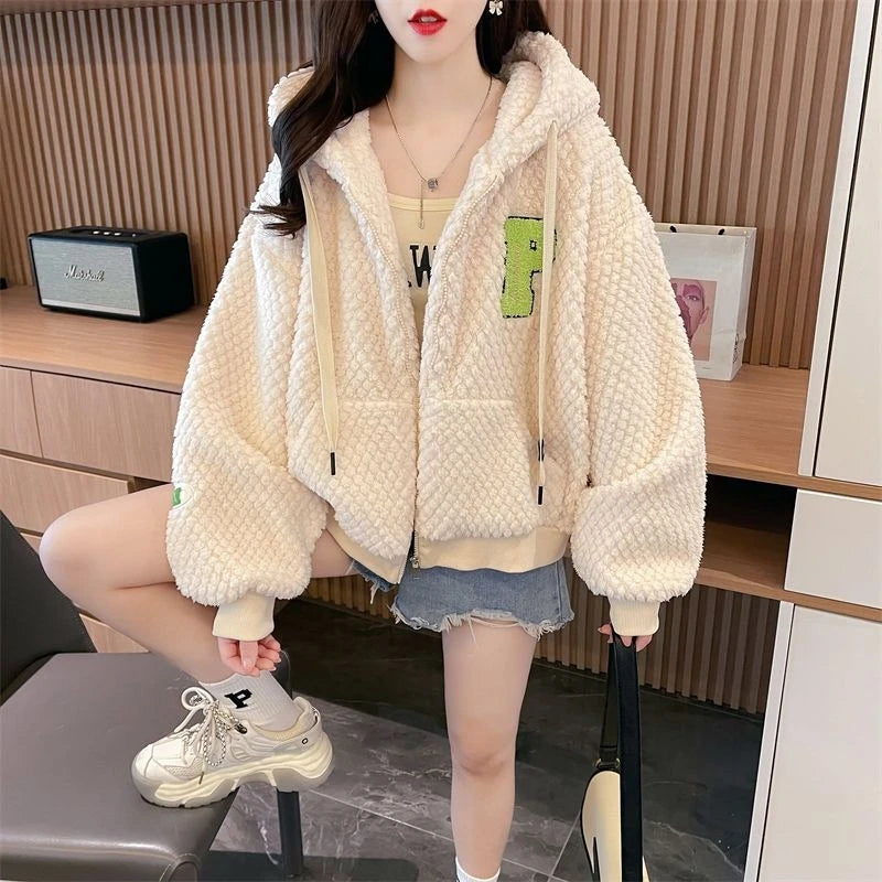 Embroidered Sheep Hooded Sweatshirt Autumn Winter Imitation Lamb Wool Plush Hoodie For Women