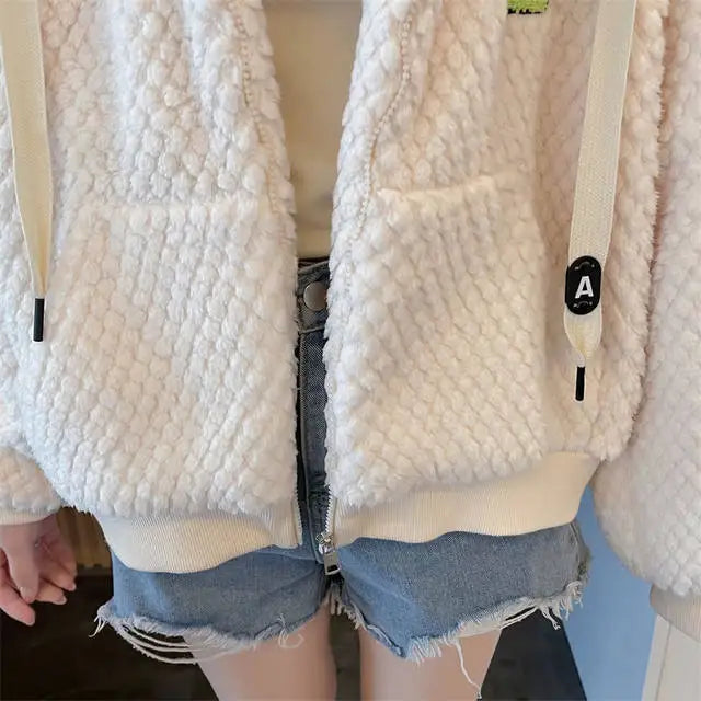 Embroidered Sheep Hooded Sweatshirt Autumn Winter Imitation Lamb Wool Plush Hoodie For Women