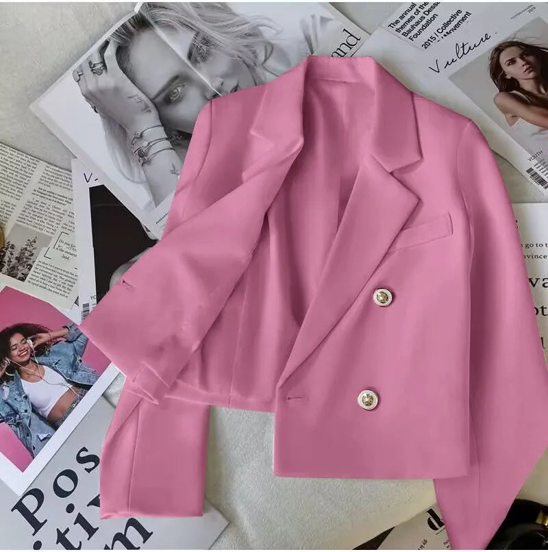 Pink Double Breasted Crop Blazer Jackets For Women