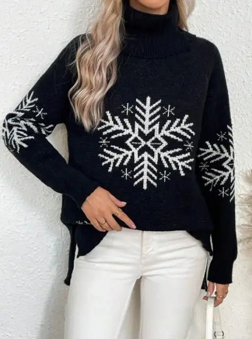 Womens Turtleneck Snowflake Knit Sweater Autumn Winter Style