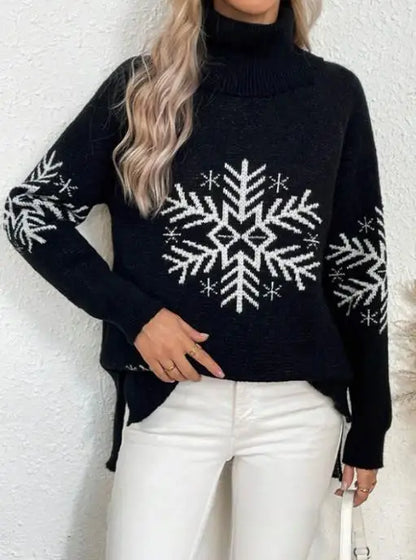 Womens Turtleneck Snowflake Knit Sweater Autumn Winter Style